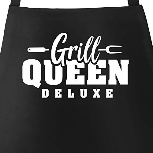 MoonWorks® Grill-Schürze für Frauen mit Spruch Grill Queen Deluxe Baumwoll-Schürze Damen Küchenschürze White schwarz Unisize von MoonWorks