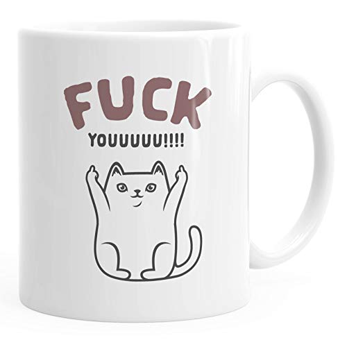 MoonWorks® Kaffee-Tasse Becher Fuck Youuu! Schriftzug Katze-Motiv Mittelfinger Bürotasse weiß Keramik-Tasse von MoonWorks