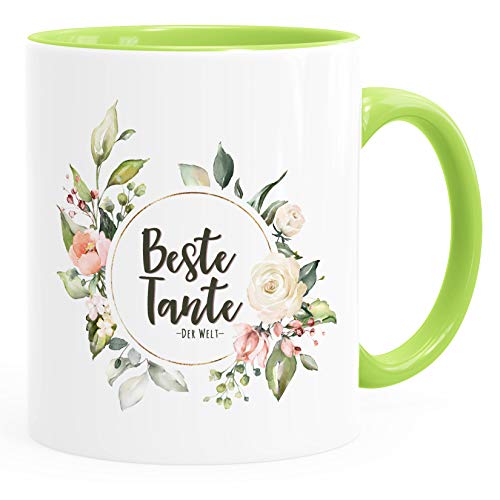 MoonWorks® Kaffee-Tasse Beste Tante der Welt Geschenk Familie Blumen Kaffeetasse Teetasse Keramiktasse inner-hellgrün Keramik-Tasse von MoonWorks