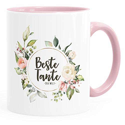 MoonWorks® Kaffee-Tasse Beste Tante der Welt Geschenk Familie Blumen Kaffeetasse Teetasse Keramiktasse inner-rosa Keramik-Tasse von MoonWorks