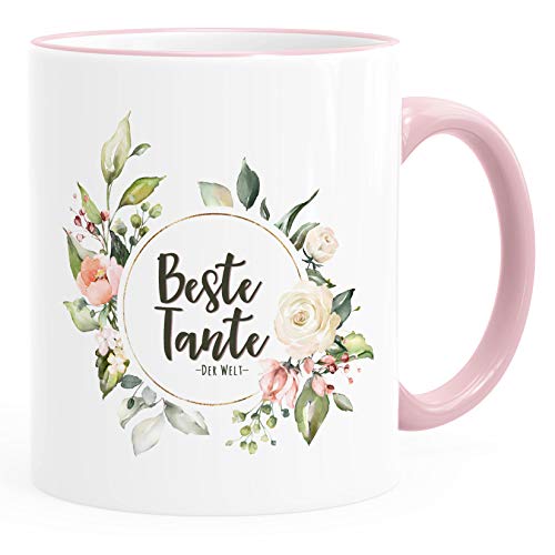 MoonWorks® Kaffee-Tasse Beste Tante der Welt Geschenk Familie Blumen Kaffeetasse Teetasse Keramiktasse rim-rosa Keramik-Tasse von MoonWorks