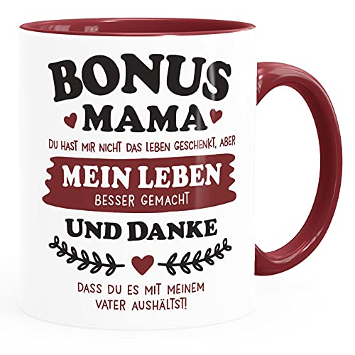 MoonWorks® Kaffee-Tasse Geschenk Bonus-Mama | Bonus Papa Stiefmutter | Stiefvater zum Muttertag | Vatertag Spruch Mama bordeauxrot Keramik-Tasse von MoonWorks