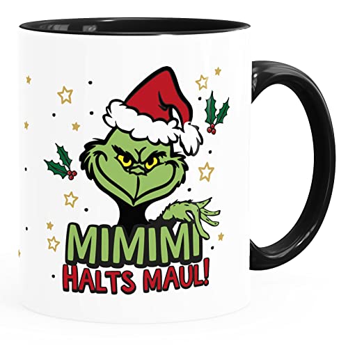 MoonWorks® Kaffee-Tasse Grinch Anti Weihnachten lustig Kaffeebecher mit Spruch Mimimi Halts Maul weiß-innen-schwarz standard, aus Keramik von MoonWorks