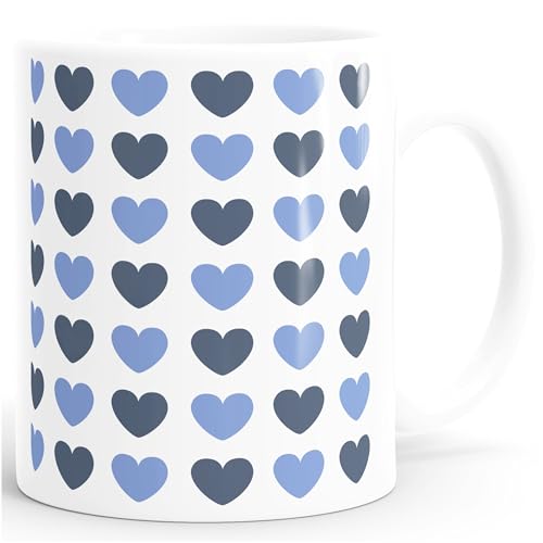 Moonworks® Kaffee-Tasse Herz-Muster Herzchen Geschenk liebe Menschen Geburtstag Weihnachten Valentinstag Blau weiß Keramik-Tasse von MoonWorks