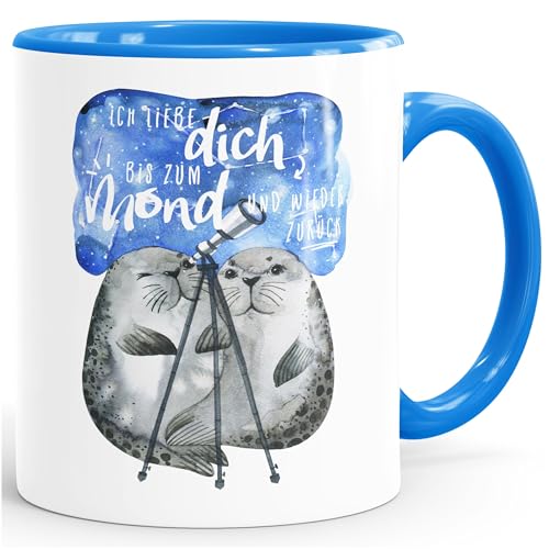MoonWorks® Kaffee-Tasse Ich liebe dich bis zum Mond und wieder zurück Liebe Spruch Geschenk Seehunde Robben Sterne blau unisize von MoonWorks