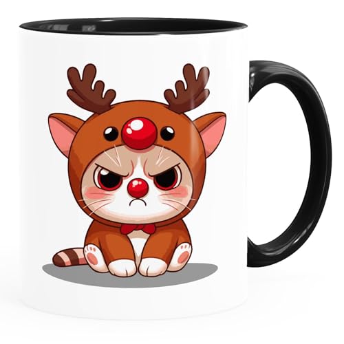 MoonWorks® Kaffee-Tasse Katze Rentier Rudolf Grumpy Cat Geschenk für Weihnachtsmuffel Anti-Weihnachten Motiv weiß-innen-schwarz standard von MoonWorks