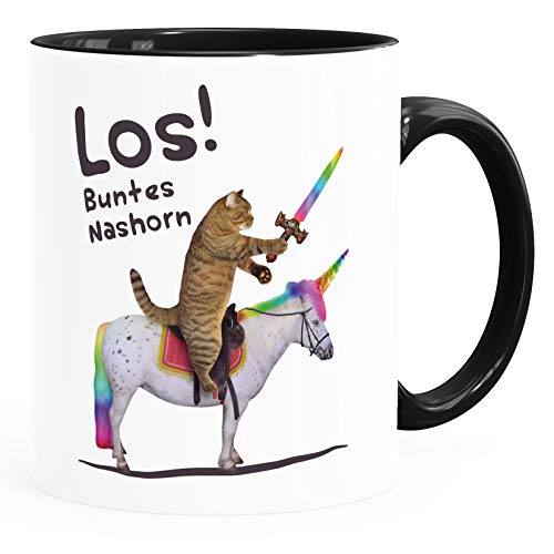 MoonWorks® Kaffee-Tasse Katze Satire Los buntes Einhorn Unicorn Nashorn Pferd Bürotasse lustige Kaffeebecher schwarz Keramik-Tasse von MoonWorks