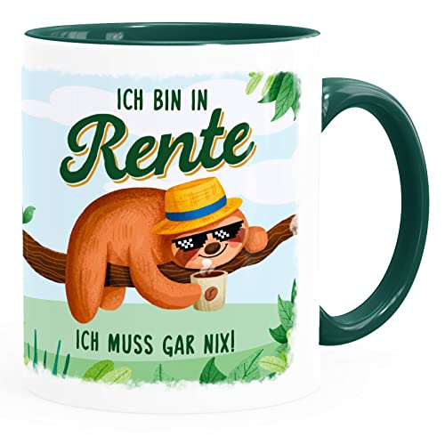 MoonWorks® Kaffee-Tasse Rentner Spruch Ich bin in Rente Ich muss gar nix! lustiges Geschenk zur Rente Ruhestand weiß-innen-grün standard von MoonWorks
