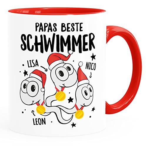 MoonWorks® Kaffee-Tasse Sperma Weihnachten personalisierte Geschenke mit Namen Papas beste Schwimmer Kinder Weihnachten weiss-innen-rot standard von MoonWorks
