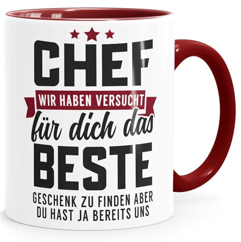 MoonWorks® Kaffee-Tasse Spruch Chef Wir haben versucht das beste Geschenk für dich zu finden Kaffeebecher lustig Bürotasse weiss-innen-bordeauxrot standard von MoonWorks