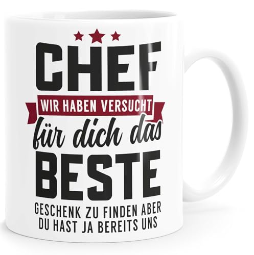 MoonWorks® Kaffee-Tasse Spruch Chef Wir haben versucht das beste Geschenk für dich zu finden Kaffeebecher lustig Bürotasse weiss-rot standard von MoonWorks