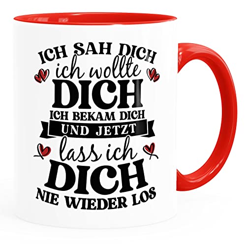 MoonWorks® Kaffee-Tasse Spruch Liebe Ich sah dich und jetzt lass ich dich nie wieder los Geschenkidee Partner Verliebte weiss-innen-rot standard von MoonWorks