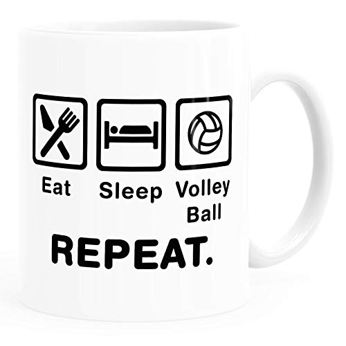 MoonWorks® Kaffee-Tasse mit Spruch Eat Sleep Repeat Mega Mix Bürotasse lustige Geschenke Kaffeebecher Volleyball weiß Keramik-Tasse von MoonWorks