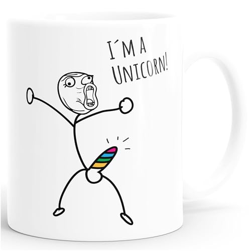 MoonWorks® Kaffee-Tasse mit Spruch I`'m a unicorn Motiv lustiges Strichmännchen Penis Einhorn Parodie Ironie Bürotasse Kaffeebecher weiß Keramik-Tasse von MoonWorks