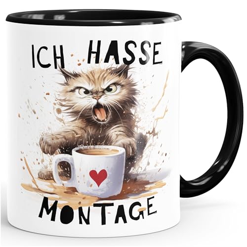 MoonWorks® Kaffee-Tasse mit Spruch Ich hasse Montage Motiv Katze Bürotasse lustige Kaffeebecher weiß-innen-schwarz standard von MoonWorks