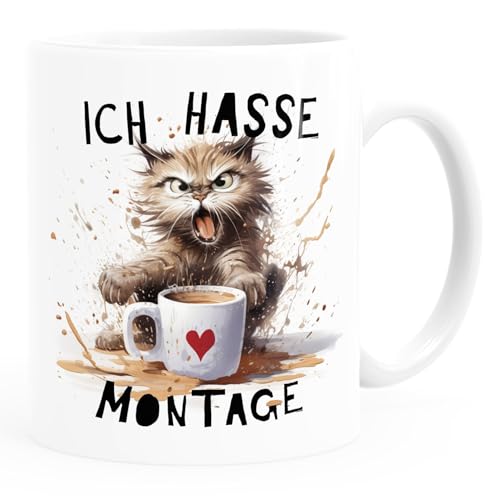 MoonWorks® Kaffee-Tasse mit Spruch Ich hasse Montage Motiv Katze Bürotasse lustige Kaffeebecher weiß standard von MoonWorks