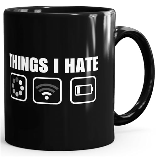 MoonWorks® Kaffee-Tasse mit Spruch Things I hate Icon WLAN kein Empfang Akku digital Bürotasse lustige Kaffeebecher schwarz Keramik-Tasse von MoonWorks