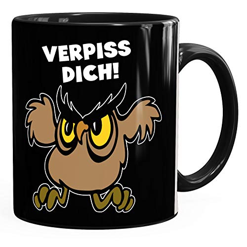 MoonWorks® Kaffee-Tasse mit Spruch Verpiss Dich Eule Uhu Bürotasse lustige Kaffeebecher schwarz unisize von MoonWorks