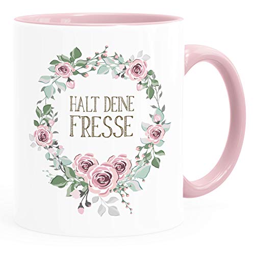 MoonWorks® Kaffee-Tasse mit Spruch individuell anpassbar Schimpfwörter Beleidigung Ironie Sarkasmus Geschenk lustige Büro-Tasse Halt deine Fresse rosa unisize von MoonWorks