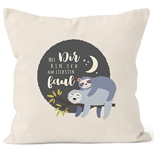 MoonWorks® Kissen-Bezug Faultier Mit Dir Bin ich am liebsten faul Spruch Pärchen Geschenk Mond Kissen-Hülle Deko-Kissen Baumwolle Natur Unisize von MoonWorks