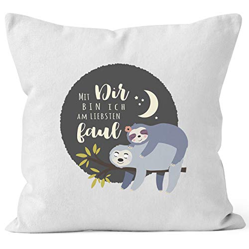 MoonWorks® Kissen-Bezug Faultier Mit Dir Bin ich am liebsten faul Spruch Pärchen Geschenk Mond Kissen-Hülle Deko-Kissen Baumwolle weiß Unisize von MoonWorks