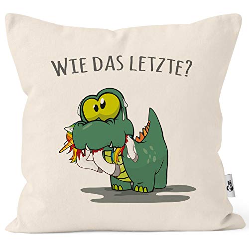 MoonWorks® Kissen-Bezug Fun Motiv Kleiner Dino frisst Einhorn Spruch Wie das Letzte? Kissen-Hülle Deko-Kissen Baumwolle Natur Unisize von MoonWorks