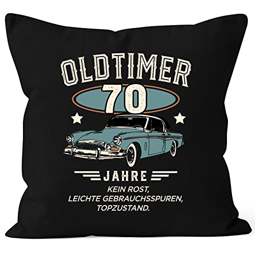 MoonWorks® Kissen-Bezug Geburtstag Oldtimer Auto Vintage Style Retro Look Geschenk für Männer 70 Jahre schwarz 40cm x 40cm von MoonWorks