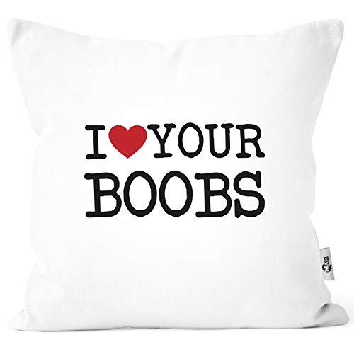 MoonWorks® Kissen-Bezug I Love My Penis/Pimmel Boobs I Love Your Boobs/Penis lustiger Spruch Ironie Deko-Kissen I Love Your Boobs weiß Unisize von MoonWorks