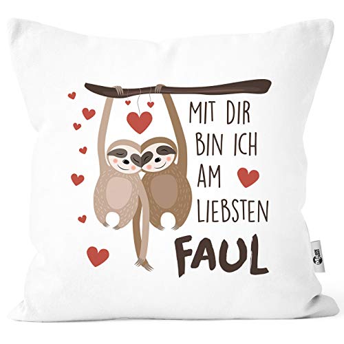 MoonWorks® Kissen-Bezug Spruch Mit dir Bin ich am liebsten faul Faultier Geschenk Liebe Freundschaft Valentinstag Geburtstag Freund Freundin weiß Unisize von MoonWorks