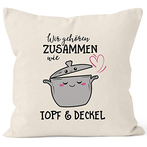 MoonWorks® Kissen-Bezug Wir gehören zusammen wie Topf und Deckel Geschenk Valentinstag Liebe Spruch Kissen-Hülle Deko-Kissen Baumwolle Natur Unisize von MoonWorks