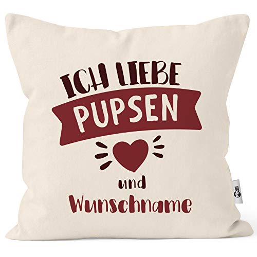 MoonWorks® Kissen-Bezug lustiger Spruch Ich Liebe pupsen und Dich personalisierbares Motiv Wunschname Geschenk witzige Liebeserklärung und Wunschname Natur Unisize von MoonWorks