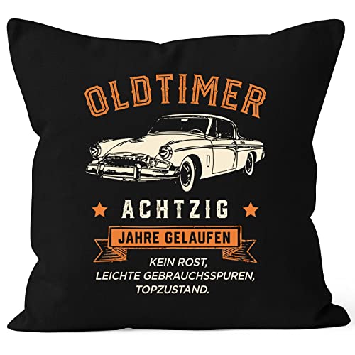 MoonWorks® Kissenbezug Geburtstag Oldtimer Retro Design Print Vintage Auto Geschenk für Männer 80 Jahre schwarz 40cm x 40cm von MoonWorks