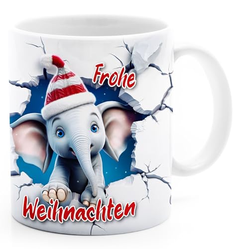 MoonWorks® Tasse Frohe Weihnachten 3D-Illusion lustige Tiere Schnee Wintermotiv XMAS kleines Weihnachtsgeschenk Elefant weiß standard von MoonWorks