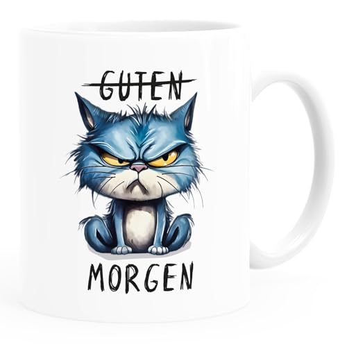 MoonWorks® Tasse Morgenmuffel Katze Bürotasse Spruch lustig Guten Morgen MiMimi Montag personalisiert eigener Text Guten Morgen weiß/blau standard von MoonWorks