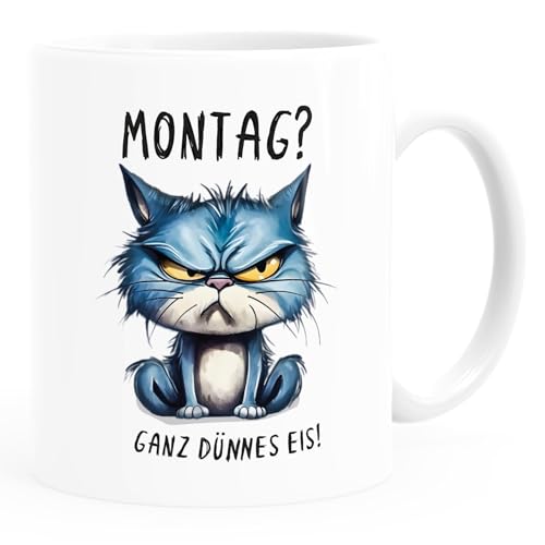 MoonWorks® Tasse Morgenmuffel Katze Bürotasse Spruch lustig Guten Morgen MiMimi Montag personalisiert eigener Text Montag weiß/blau standard von MoonWorks