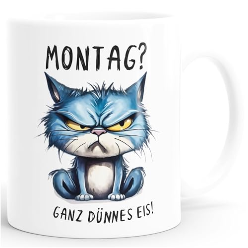 MoonWorks® Tasse Morgenmuffel Katze Bürotasse Spruch lustig Guten Morgen MiMimi Montag personalisiert eigener Text Montag weiß/blau standard von MoonWorks