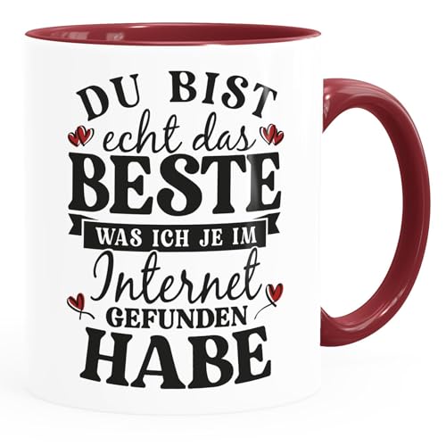 MoonWorks® Tasse Spruch Liebe lustig Das Beste was ich im Internet gefunden habe Geschenk Jahrestag für Sie und Ihn weiss-innen-bordeauxrot standard von MoonWorks