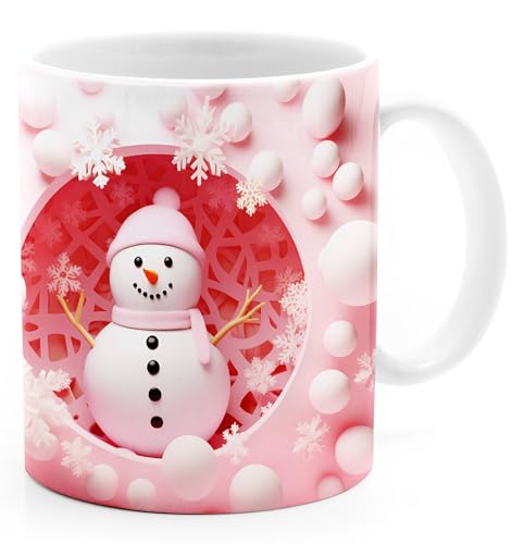 MoonWorks® Tasse Weihnachten 3D Illusion Katze Schneemann Weihnachtsmann Wintertasse XMAS Weihnachtsgeschenk Schneemann pink weiß standard von MoonWorks