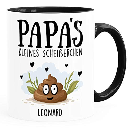 MoonWorks® Tasse personalisiert Papa's kleine Scheißerchenbis zu 4 anpassbare Namen Kackhaufen Geschenk Vatertag 1 Kind schwarz Keramik-Tasse von MoonWorks