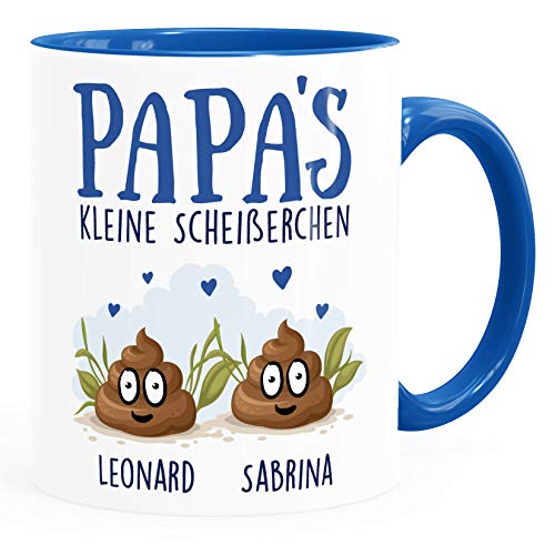 MoonWorks® Tasse personalisiert Papa's kleine Scheißerchenbis zu 4 anpassbare Namen Kackhaufen Geschenk Vatertag 2 Kinder royal Keramik-Tasse von MoonWorks