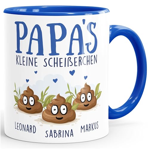 MoonWorks® Tasse personalisiert Papa's kleine Scheißerchenbis zu 4 anpassbare Namen Kackhaufen Geschenk Vatertag 3 Kinder royal Keramik-Tasse von MoonWorks