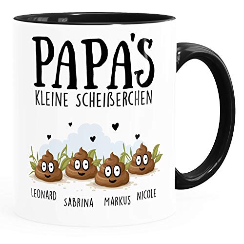MoonWorks® Tasse personalisiert Papa's kleine Scheißerchenbis zu 4 anpassbare Namen Kackhaufen Geschenk Vatertag 4 Kinder schwarz Keramik-Tasse von MoonWorks