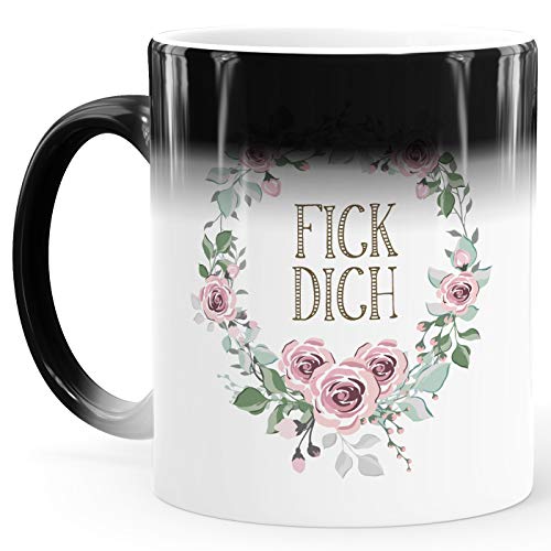 MoonWorks® Zaubertasse Farbwechsel Tasse Blumige Schimpfworte Blumen lustige Bürotasse Geschenk Gag Beleidigungen Fick Dich weiß Magic-Tasse von MoonWorks