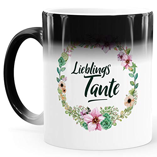 MoonWorks® Zaubertasse Farbwechsel Tasse Lieblingstante Geschenk für Tante Familie Blumen Tante weiß Magic-Tasse von MoonWorks