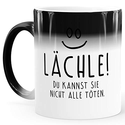 MoonWorks® Zaubertasse Farbwechsel Tasse lustiger Spruch lächle du kannst sie nicht alle töten Smiley Bürotasse weiß Magic-Tasse von MoonWorks