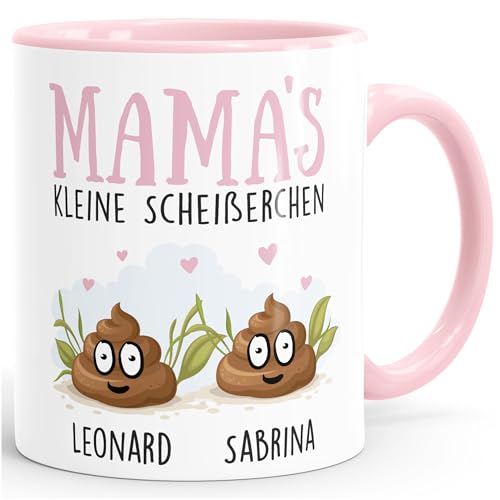 MoonWorks®Tasse personalisiert Mama's kleine Scheißerchen und anpassbare Namen Kackhaufen Geschenk für Mama 2 Kinder rosa Keramik-Tasse von MoonWorks
