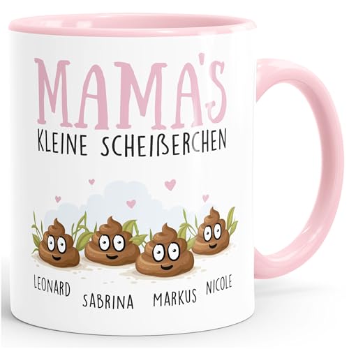 MoonWorks®Tasse personalisiert Mama's kleine Scheißerchen und anpassbare Namen Kackhaufen Geschenk für Mama 4 Kinder rosa Keramik-Tasse von MoonWorks