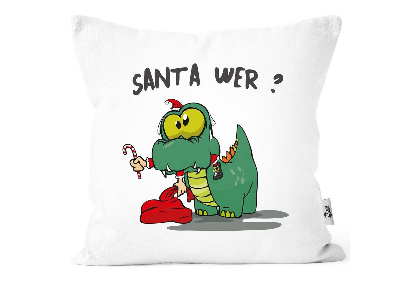 MoonWorks Dekokissen Kissen-Bezug Dinosaurier frisst Santa Claus Spruch Santa Wer? lustige Kissenhülle Weihnachten MoonWorks® von MoonWorks