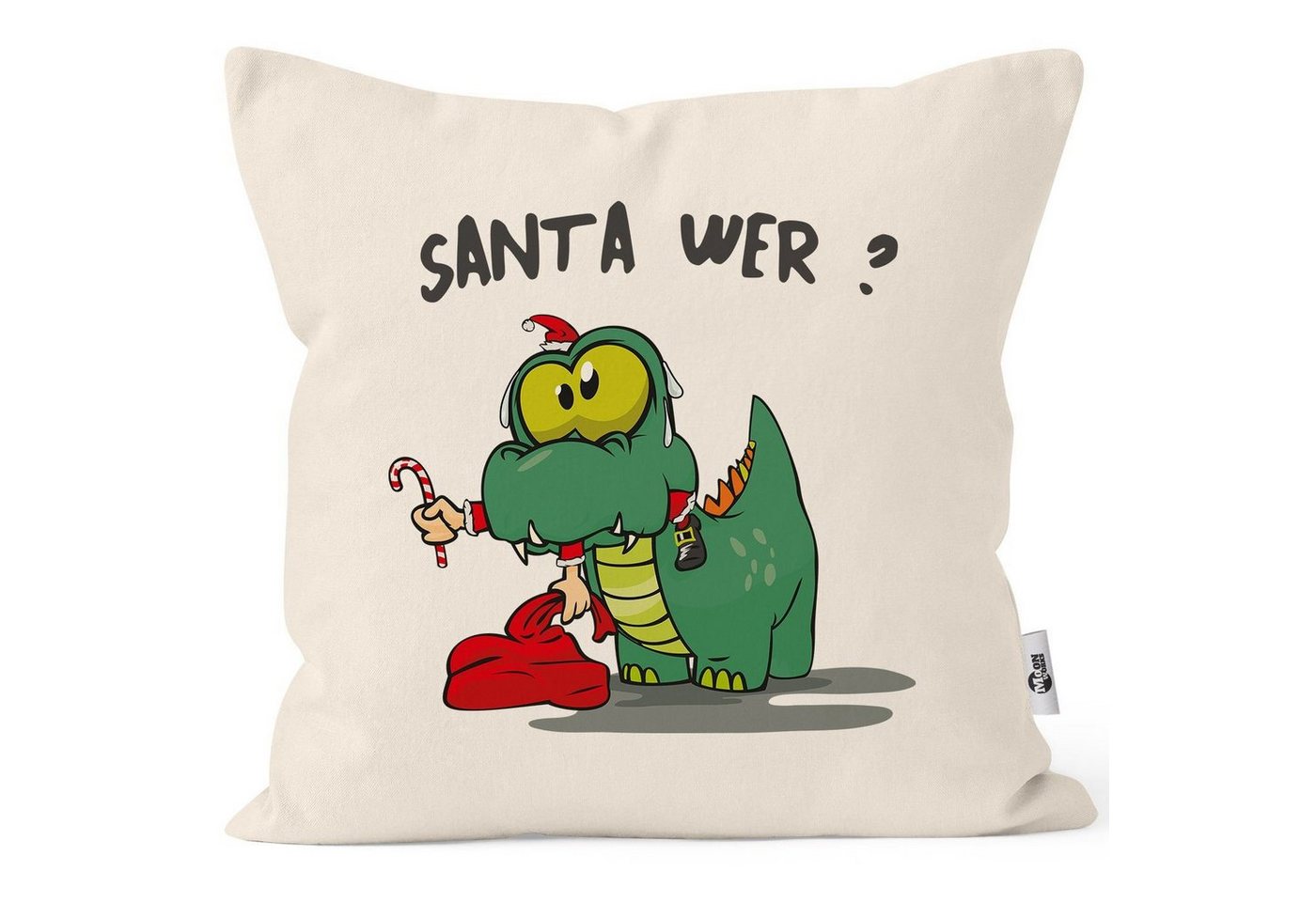 MoonWorks Dekokissen Kissen-Bezug Dinosaurier frisst Santa Claus Spruch Santa Wer? lustige Kissenhülle Weihnachten MoonWorks® von MoonWorks