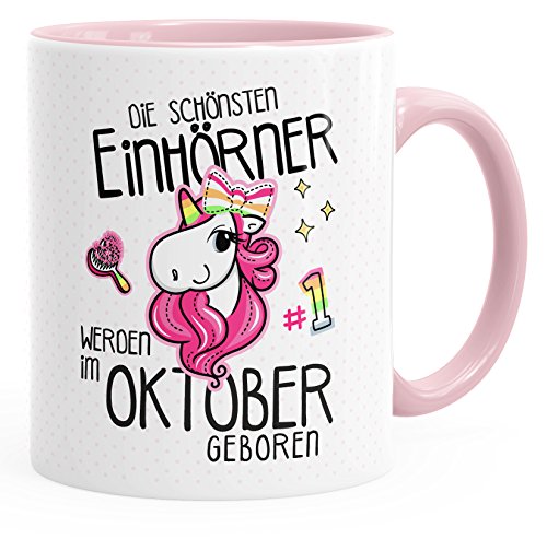 MoonWorks Die schönsten Einhörner werden im Oktober geboren Einhorn-Tasse Geschenk rosa unisize von MoonWorks